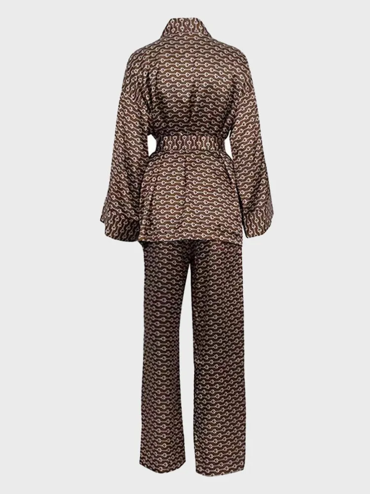 Satin Printed Lace-Up Cardigan & Pants Suit 2 Piece Set