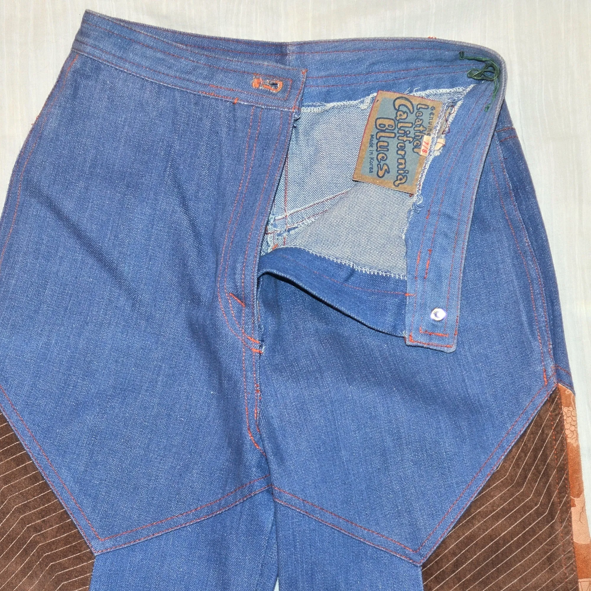 SOLD Vintage Patchwork Denim/Leather Jeans, Boho Penny Lane Bell Bottoms XS