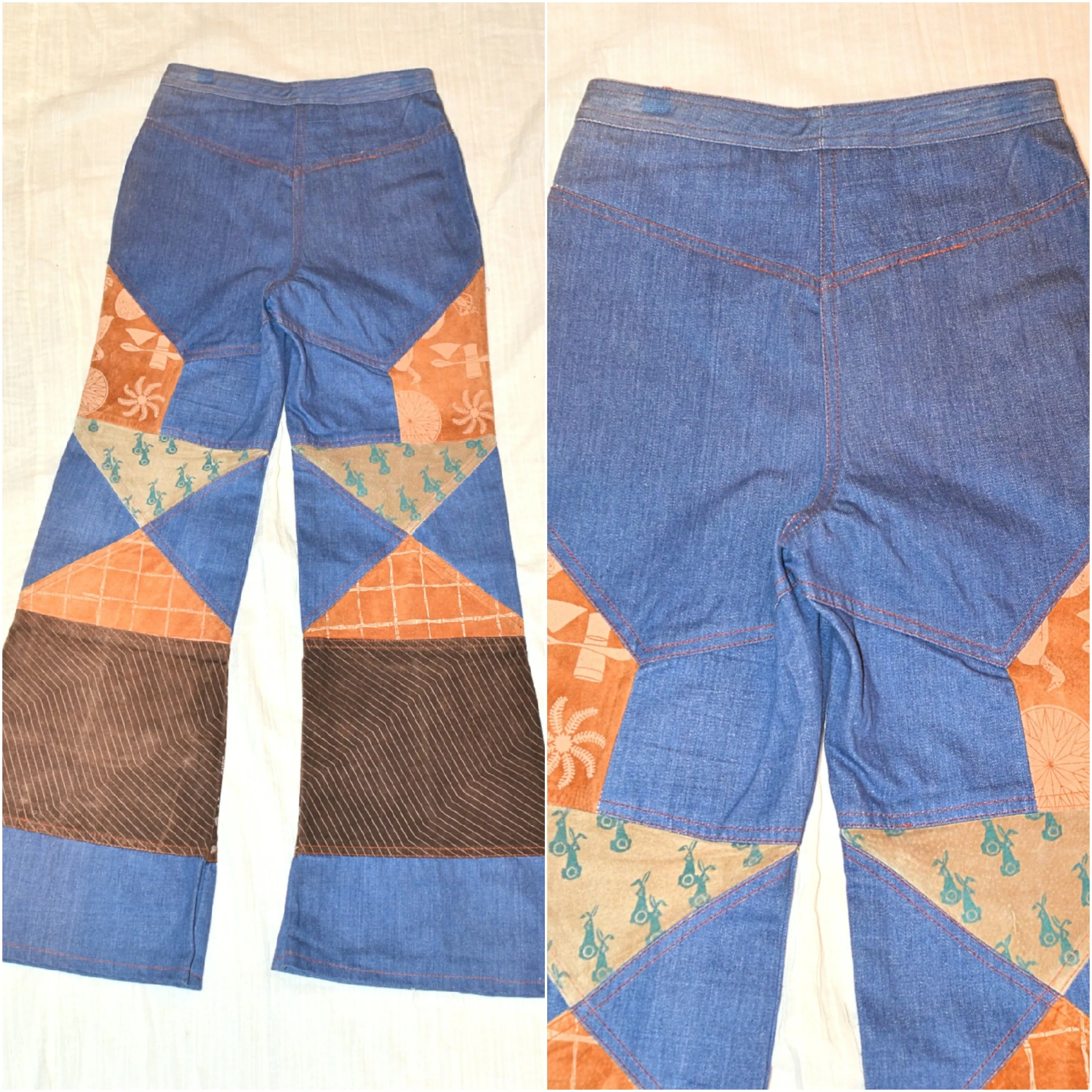 SOLD Vintage Patchwork Denim/Leather Jeans, Boho Penny Lane Bell Bottoms XS