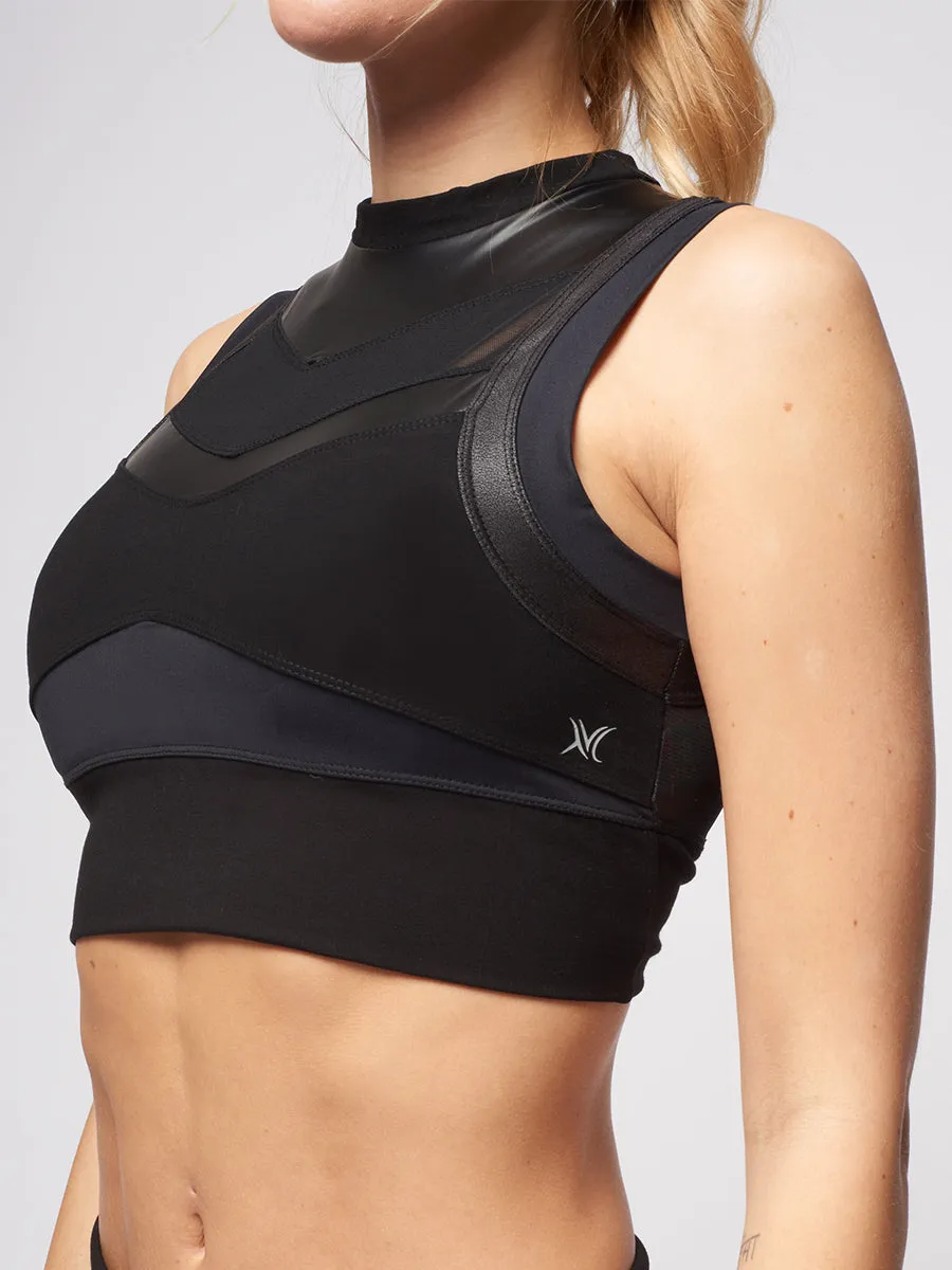 Sports Bra with V High Shine Panels Black