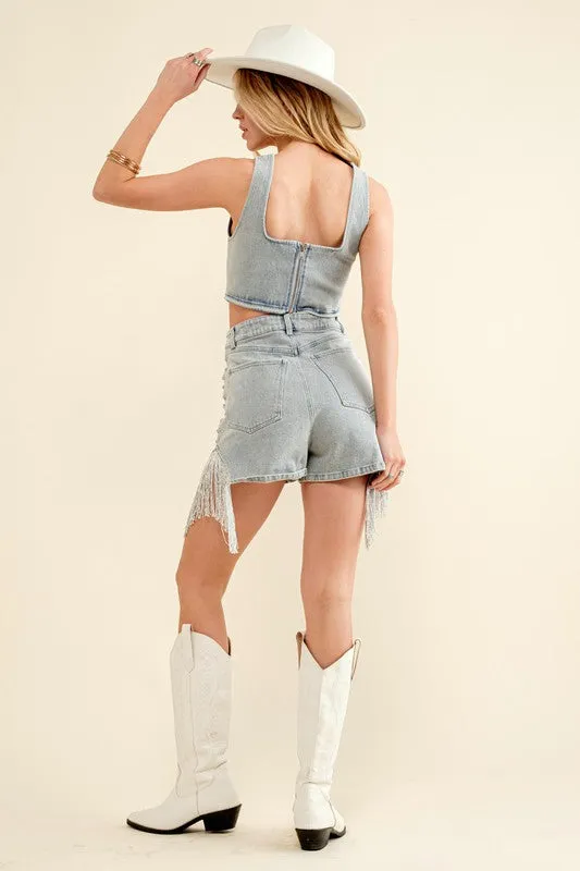 Star Of The Show Fringe Shorts- Light Denim