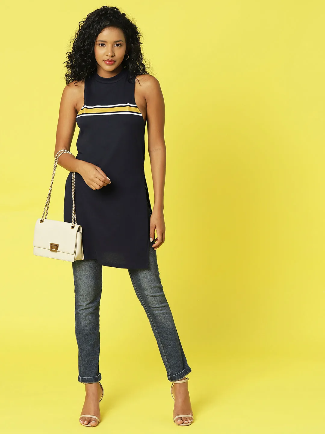 Stripe Printed Longline Sleeveless Top With Turtle Neck