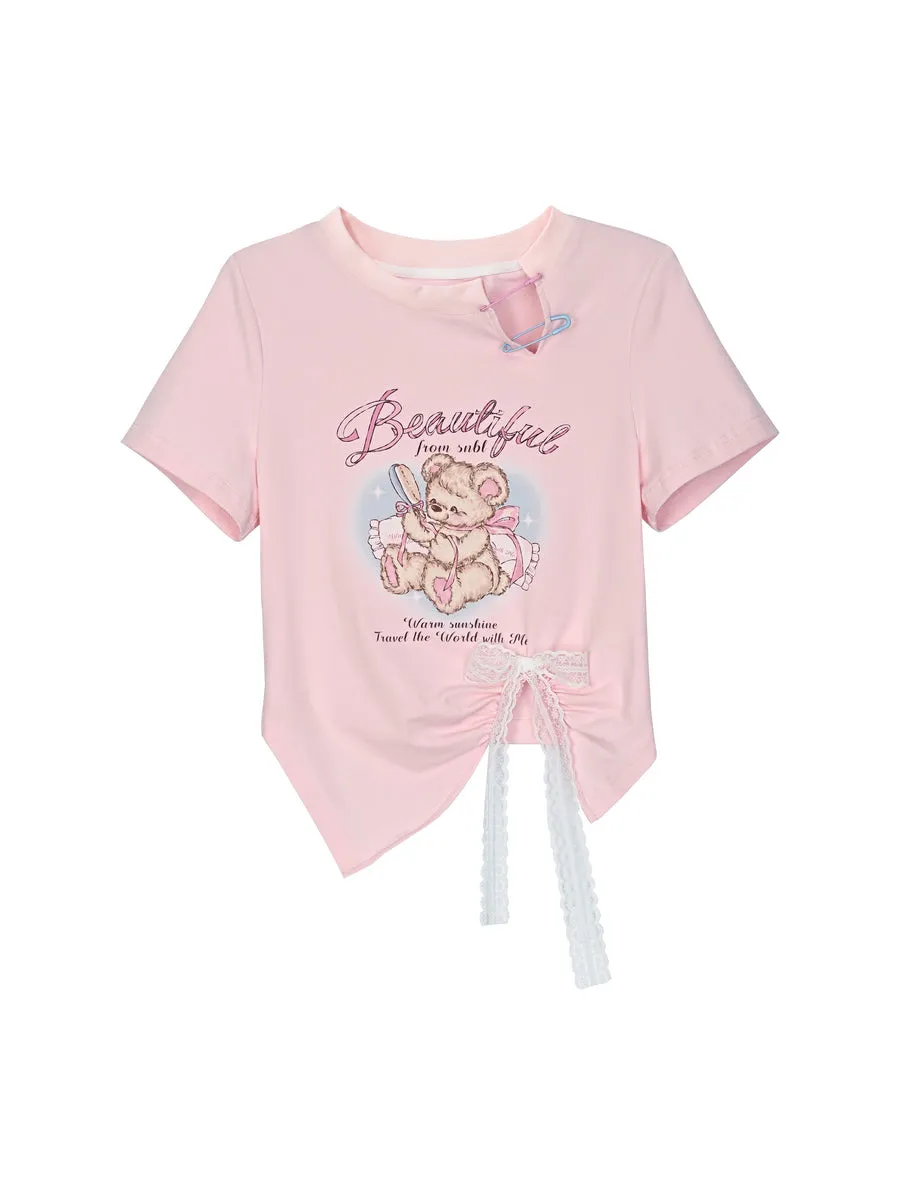 Sweet Girl Bear Print Cutout Crop Tops