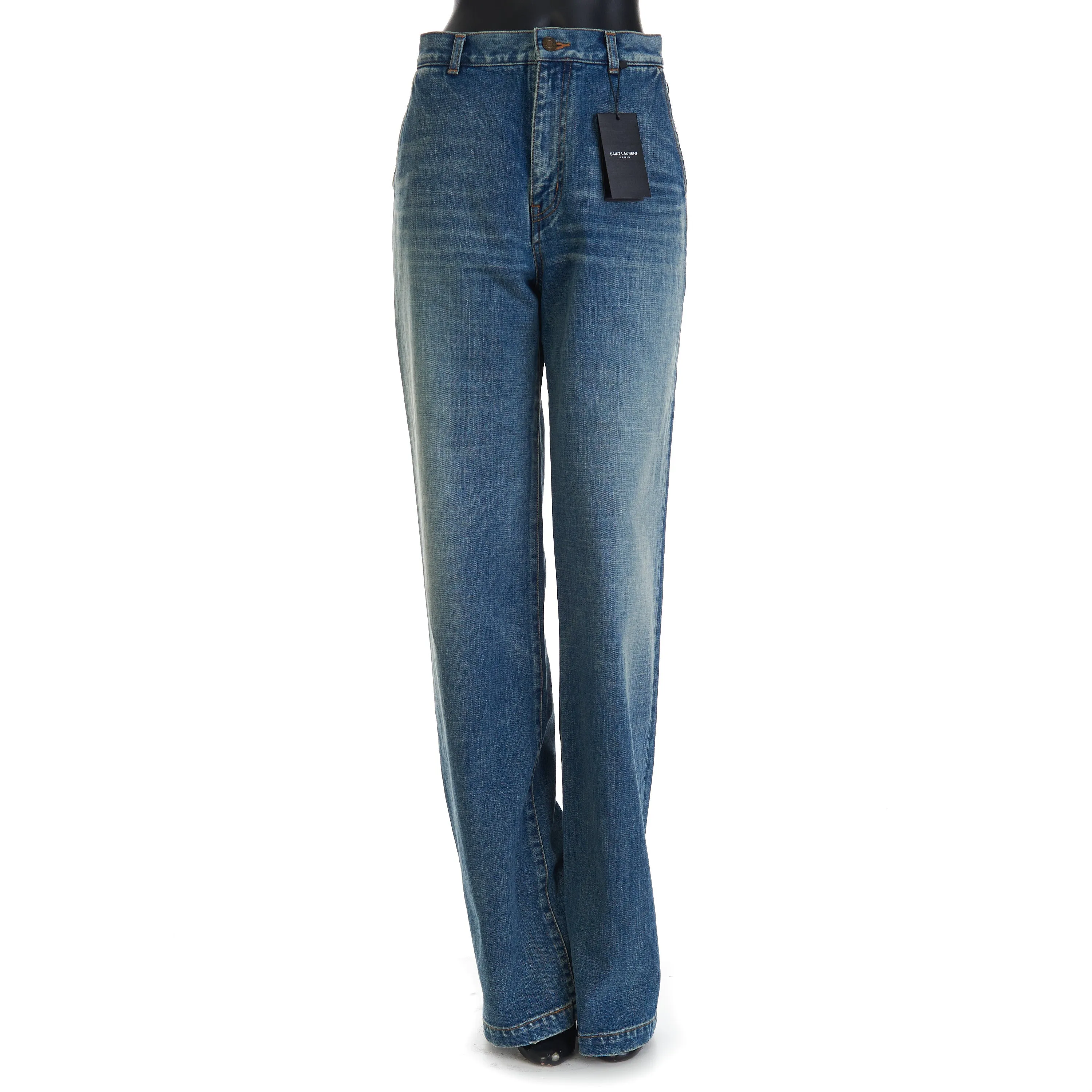 YSL High Waist Wide Leg Jane Jeans In 70s Serge Blue Denim